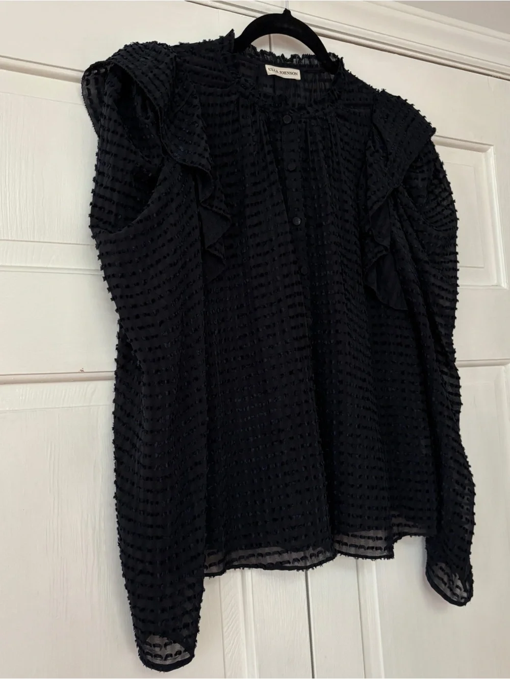 Ulla Johnson Fiona‎ Blouse Noir Navy Black Swiss Dot Silk Puff Sleeve Top Size 2